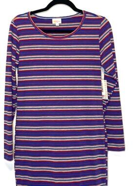 Striped Preppy Sheath Bodycon Dress LuLaRoe Debbie Medium Blue Red Gray